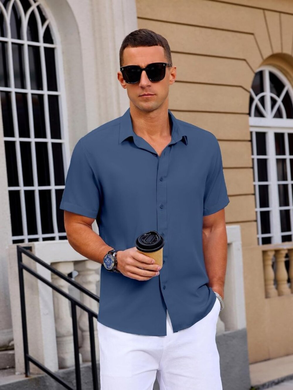 Men's Captain Blue Button Down Short Sleeve Summer Wedding Untucked Shirt - Picture 3 of 5
